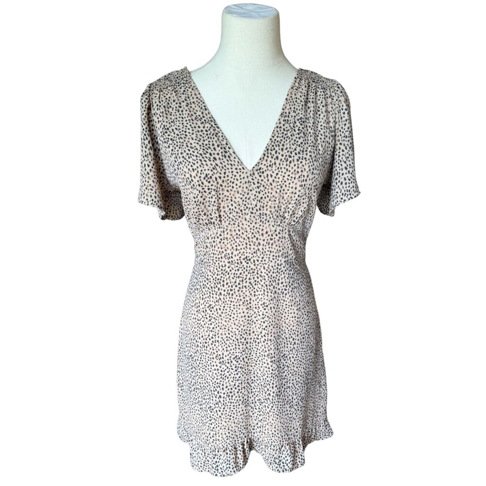 Abercrombie Fitch Black Tan Cheetah Smocked Babydoll Flutter Sleeve Mini Dress S
